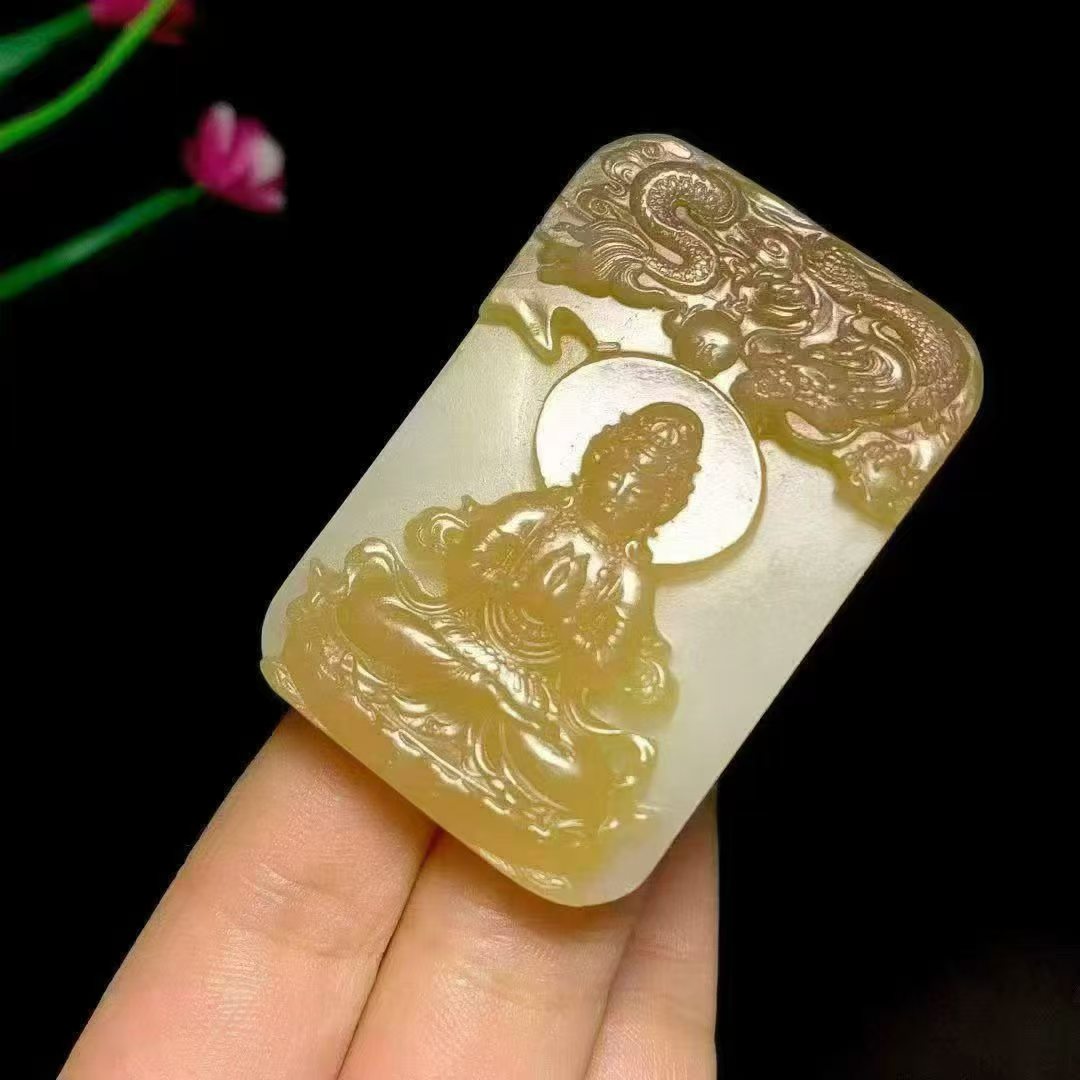 Sugar White Hotan Jade Dragon Guanyin Plaque | 和田糖白玉御龙观音牌