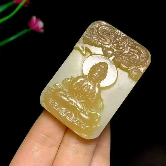 Sugar White Hotan Jade Dragon Guanyin Plaque | 和田糖白玉御龙观音牌