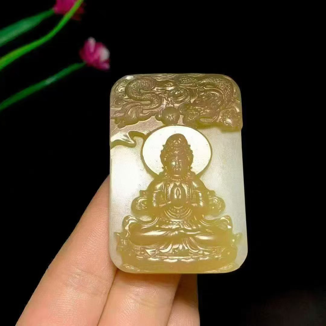 Sugar White Hotan Jade Dragon Guanyin Plaque | 和田糖白玉御龙观音牌