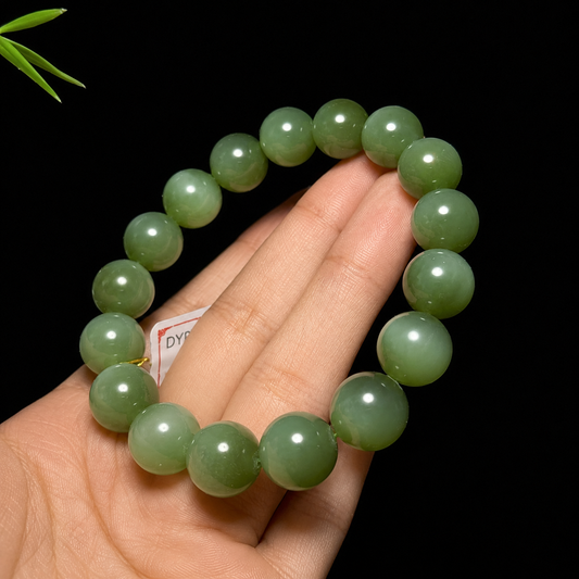 High-Quality Green Jade Cat’s Eye Hotan Jade Bracelet | 高品质碧玉黑猫眼和田玉手串
